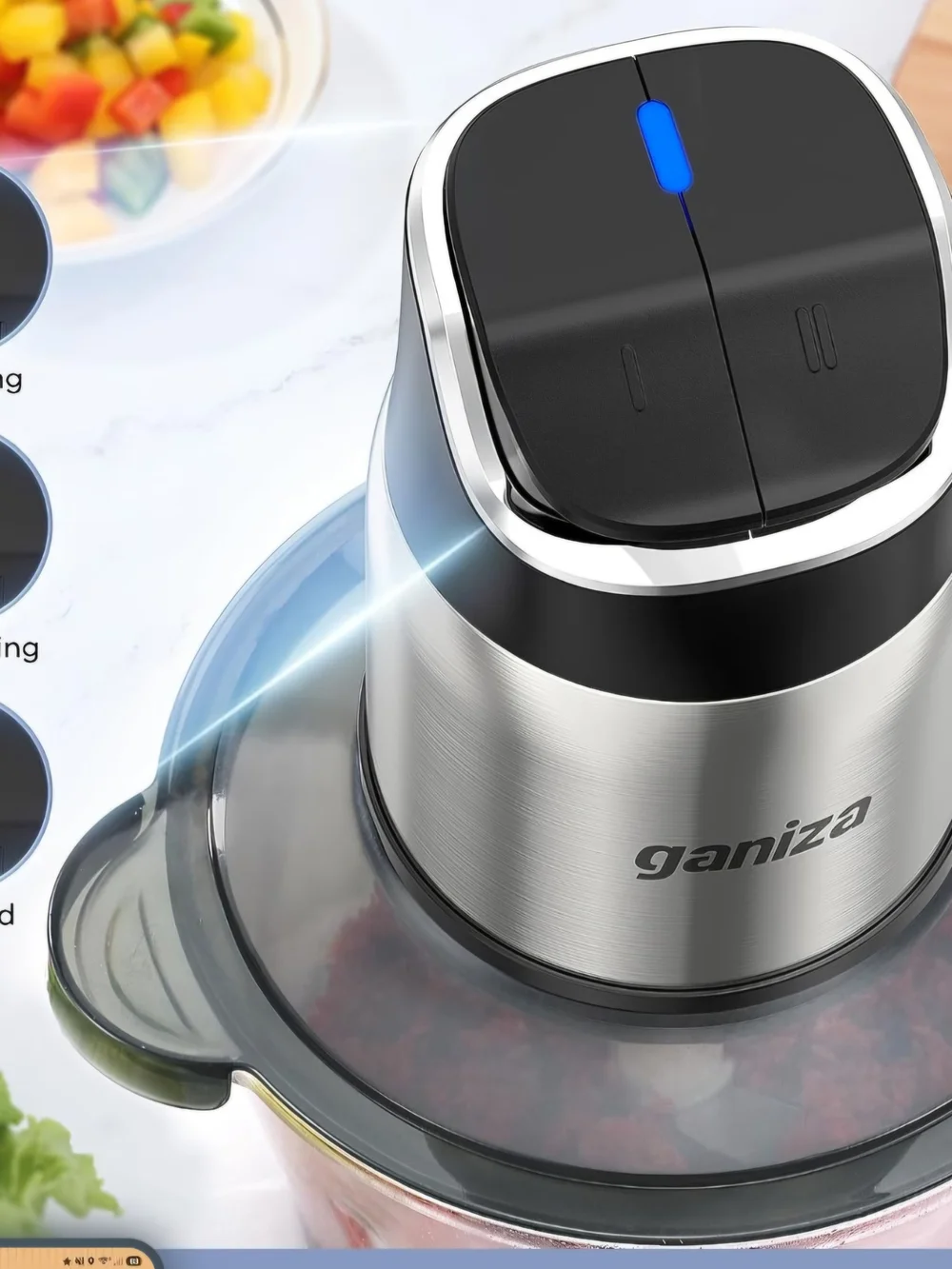 Ganiza Food Processor with Dual Bowls, 2-Speed Food Chopper & Meat Grinder  8Cup